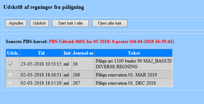 Påligningskørsler til udskrift